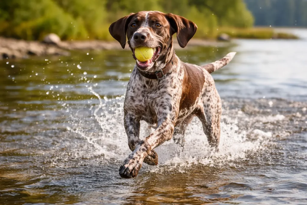 Action shot of GSP playing fetch or running through water Image