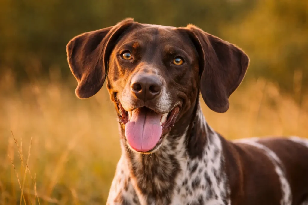 Close-up portrait of a German Shorthaired Pointer's face showing distinctive features: amber eyes, liver-colored nose, expressive eyebrows, floppy ears.