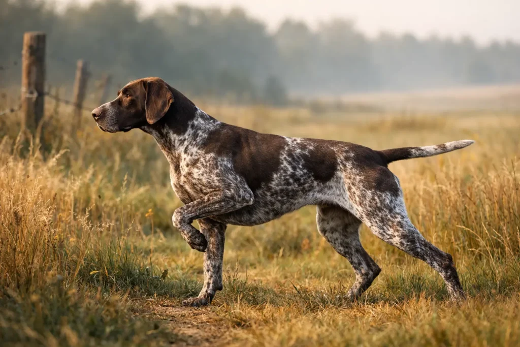 Full-body side profile of GSP in a "point" stance (one front paw raised, tail extended, body frozen in alert position).